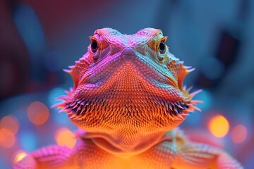 Bearded Dragon: Basking under a heat lamp with a curious expression, appealing to pet enthusiasts. 