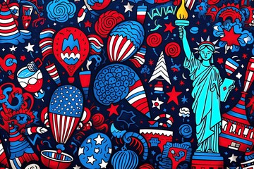 Independence day in America. Doodle art drawing with Statue of Liberty and american flag and colors. Ai Generative - obrazy, fototapety, plakaty