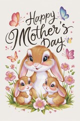 Fototapeta premium Mothers Day Card Featuring Bunny and Two Babies