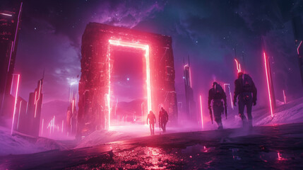 Obraz premium Futuristic Riftwalkers arriving in a vibrant neon city, their gear illuminated in the night sky.