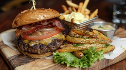 Tasty grilled beef burger with lettuce, cheese, bacon and onion served on wooden cutting board with french fries