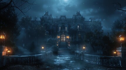 A large haunted house with a full moon in the background.
