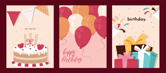 Set of Birthday greeting cards with cake, gift box, balloons. Holliday, party, vacation, happy birthday. Vector templates for card, poster, flyer, banner and other
