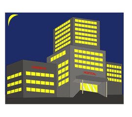 Façade d'hopital de nuit avec éclairage des fenêtres sur ciel noir et clair de lune - 792753268