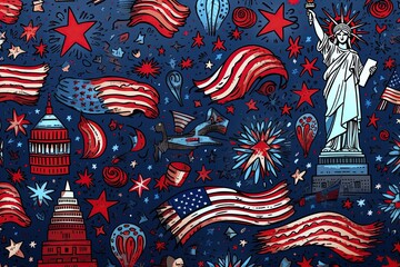 Independence day in America. Doodle art drawing with Statue of Liberty and american flag and colors. Ai Generative - obrazy, fototapety, plakaty