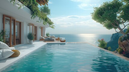A villa making the most of the nature of the Sea. Near the sea. swimming pool. Generative AI.