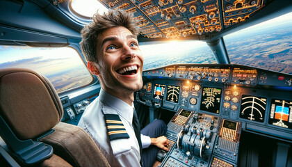 Portrait of smiling plane captain in uniform preparing flight in plane cabin - obrazy, fototapety, plakaty