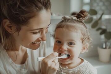 Caucasian mother brushing teeth baby toddler. Cosy bathroom with natural light, mom and child happy and playful atmosphere. Hygiene for children, childcare. Daily routine