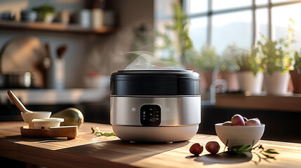 Rice cooker on table in kitchen. modern. Generative AI.