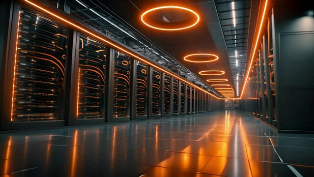 orange and black server room with curved glass walls, with rows of powerful servers and high-speed data transfer technology.