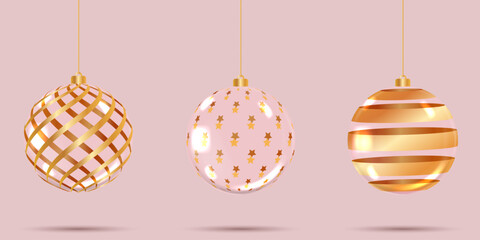 Christmas ornaments gold balls. Set Transparent glass Christmas balls. 3d xmas tree decoration, transparent crystal sphere