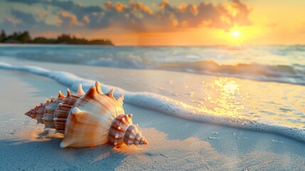 A shell on the sandy beach with a blurred background of blue sea and sky, providing space for text. The concept of a summer vacation. - obrazy, fototapety, plakaty
