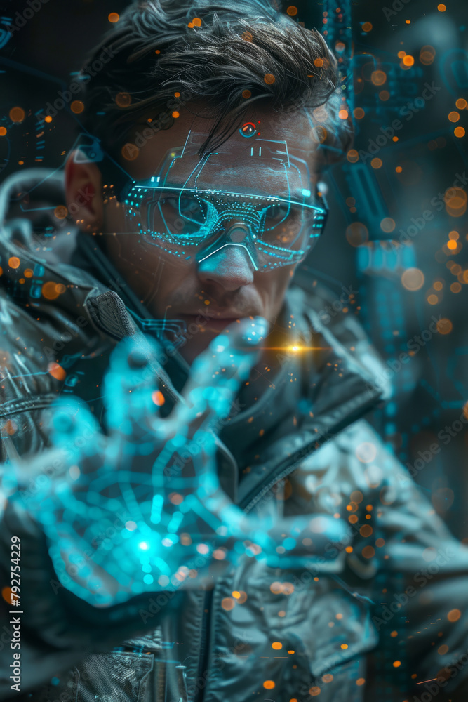 Poster the fusion of augmented reality and cybernetics, showcasing human-machine integration and technologi