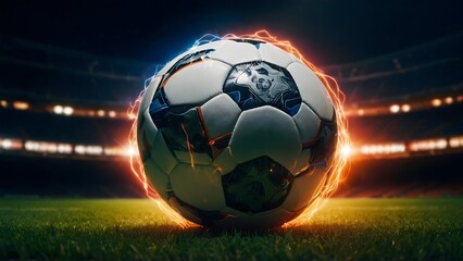 Portrait of a soccer ball covered with a glowing energetic electric effect on it, in a empty stadium at night time