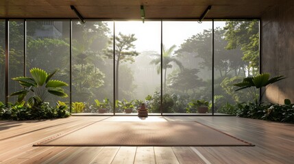 Yoga mat on floor by windows in room with natural light