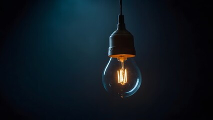 Glowing hanging bulb in a dark background with Copy Space. Concept of innovation or idea