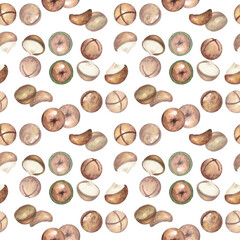 Seamless macadamia nut pattern on a white background. The macadamia tree. Food, snack, brown nut close-up. Watercolor illustration, clipart. Textile, packaging, wallpaper design template