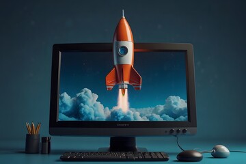 A 3D rocket is coming out from a desktop monitor. rocket launching. Concept of innovation or growth or success 