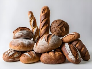 Array of artisan bread loaves neatly positioned on a white tabletop, with a clean white background.
