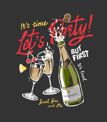 let's party slogan with champagne glasses and bottle hand drawn vector illustration