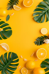 Vibrant tropical summer background with oranges, grapefruits and monstera leaves