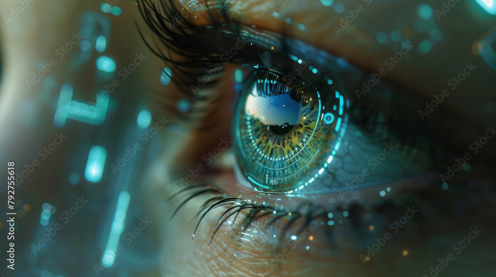 Poster fusion of human biology and technology through ai contact lens creating digital overlay on reality, 