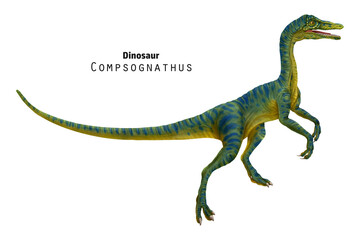 Compsognathus illustration. Small green striped dinosaur.