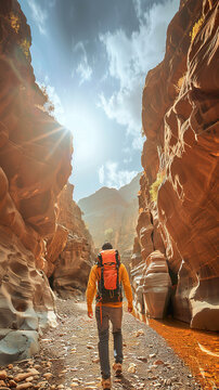 A man in a yellow shirt and blue jeans is walking through a canyon