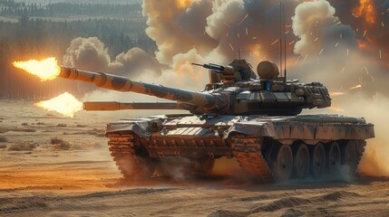 An experimental tank with four cannon barrels is firing several shells at its opponents. world war. desert landscape background. Generative AI.