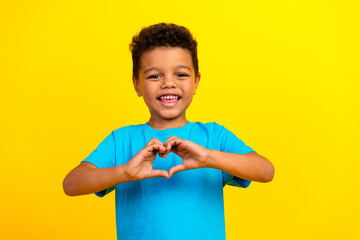 Portrait of appreciative schoolboy with afro hair wear blue t-shirt fingers showing heart symbol...