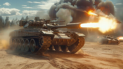 An experimental tank with four cannon barrels is firing several shells at its opponents. world war....