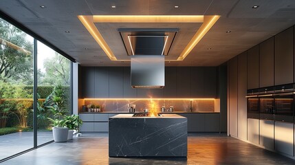 Fashionable kitchen and bathroom series, simple black aluminum plate Air Technology side-suction ceiling hood - obrazy, fototapety, plakaty