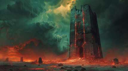 A mysterious necromancer's tower looming over a desolate landscape, illuminated by eerie magical storms. - obrazy, fototapety, plakaty