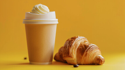 Take away coffee drink with croissant on yellow background