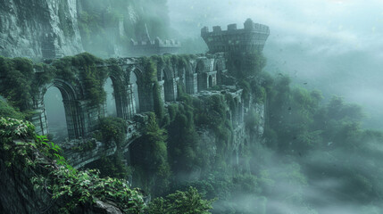 Discovering the lost city of Avalon, a mysterious ancient civilization hidden in the mists, now revealed through haunting ruins swallowed by nature. - obrazy, fototapety, plakaty