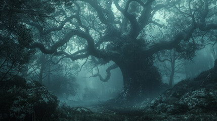 Magical forest filled with ancient trees, shrouded in mist, whispering secrets to daring wanderers.