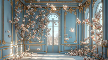 A beautiful room with high ceilings, paneled walls in blue and gold, a magnolia tree on one side of...