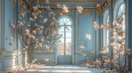 Fotobehang A beautiful room with high ceilings, paneled walls in blue and gold, a magnolia tree on one side of the room, flowers hanging from the ceiling. Generative AI. © visoot