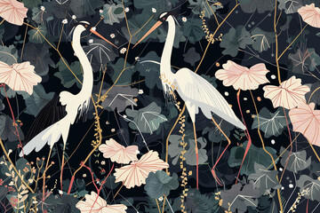 Naklejka premium Elegant Cranes in Botanical Garden Illustration