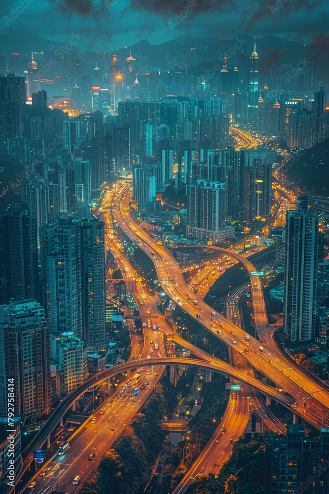 Poster Capturing the intricate web of highway interchanges in a city at dusk, lit up by the city lights, providing a unique perspective of urban development and transportation patterns.