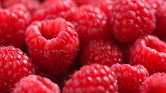 Raspberry fresh berries closeup, ripe fresh organic Raspberries macro shot. Harvest concept. Rotating background. Slow motion. 