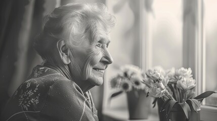 senior woman near the window ,  Peaceful Black and White Portrait. Generative AI