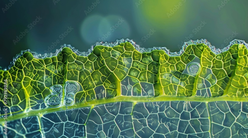 Poster microscopic view of a stomata on a leaf revealing intricate pathways for gas exchange and transpirat