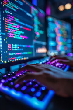 Computer programming in machine learning with colorful syntax highlighting, hands typing on keyboard.