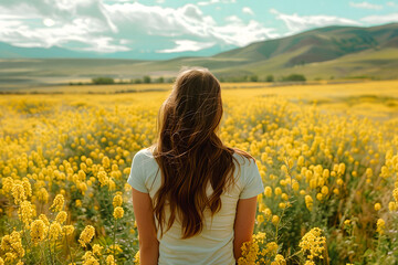 Jeune femme devant un champ de colza jaune