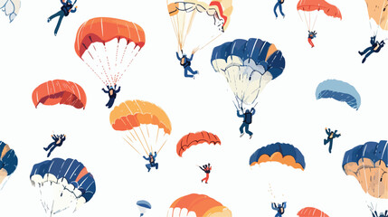 Skydivers flying with parachutes. Set of tiny cute ch