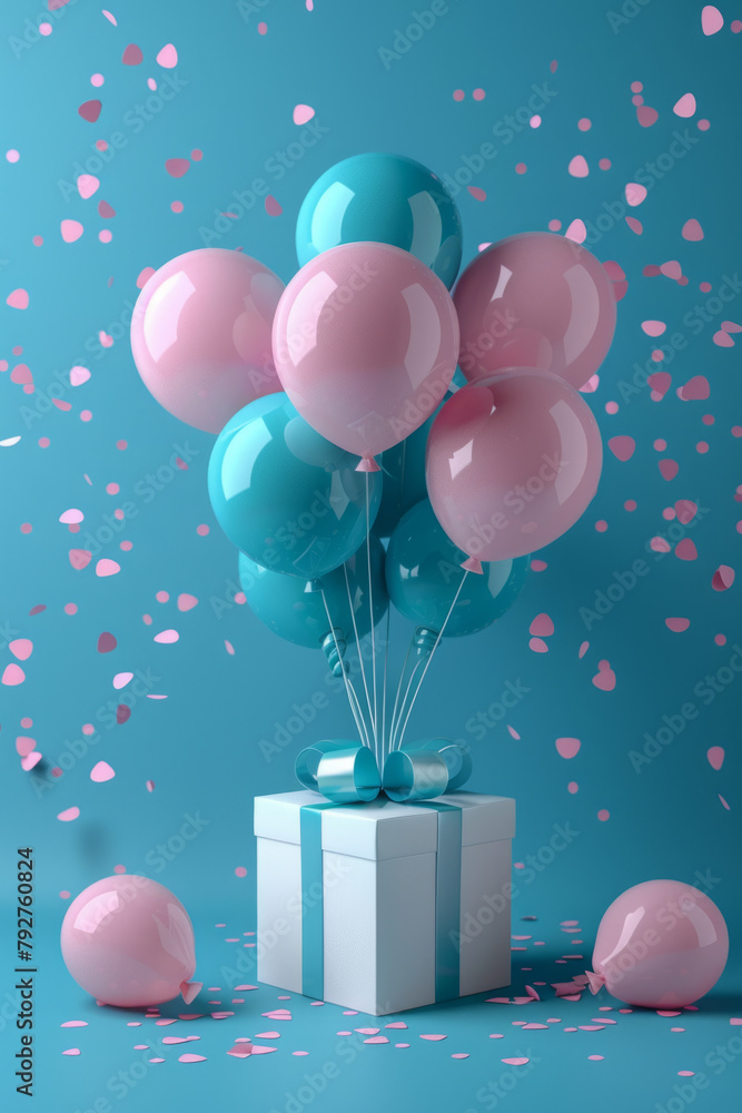 Poster a visually striking 3d rendering of a gift box and balloons floating on a pastel blue background, cr