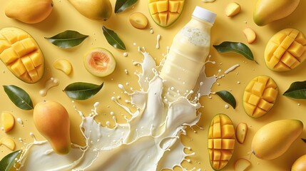 A pattern of ripe mangoes, morphing into a drinking yogurt bottle with milk splashes, Representing healthy habits, yellow gradient background, vibrant. top view. Generative AI.