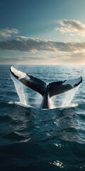 Fototapeta premium The tail of a majestic humpback whale breaches the surface of the Pacific Ocean, glistening in the sunlight at sunset
