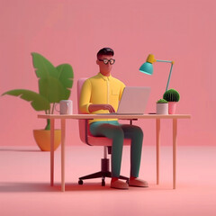 3D illustration man with a laptop computer checking, collaborating working on his desk